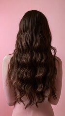 Naklejka premium Beautiful model girl with Brown hair strand,silky healthy chestnut wavy hair strand,hair wavy ribbon, with smooth,Keratin straightening,Treatment,straight long hair,procedures,Smooth hairstyle.