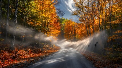 Obraz premium Haunting and mysterious autumn forest landscape with swirling fog casting ominous shadows across the winding pathway creating a spooky and enchanting atmosphere perfect for Halloween