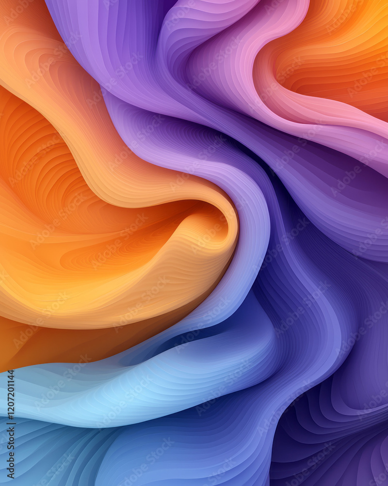 Leinwandbilder A dynamic abstract artwork featuring overlapping wavy lines in rich purple and vivid orange gradients, creating depth and movement,
