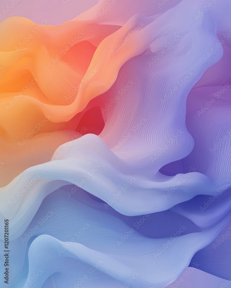 Poster A dynamic abstract artwork featuring overlapping wavy lines in rich purple and vivid orange gradients, creating depth and movement,