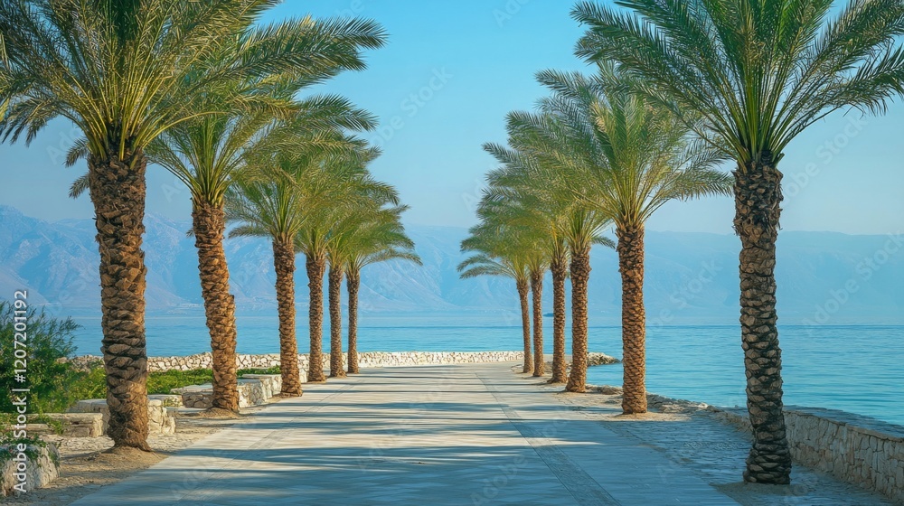 Aufkleber a serene waterfront street lined with palm trees, offering stunning views of the water and distant m