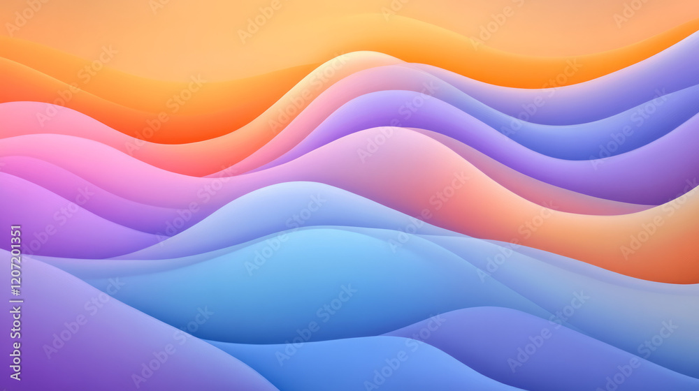 Aufkleber an elegant abstract artwork showcasing undulating waves in vibrant purple and soft orange gradients,
