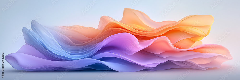 Poster a minimalist abstract design with smooth, flowing waves in gradient purple and orange tones, emphasi
