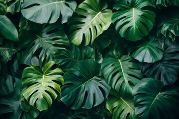 Vibrant green monstera leaves creating lush tropical background