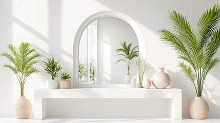 Fototapeta premium Serene Minimalist Interior Design with Arch Mirror and Plants