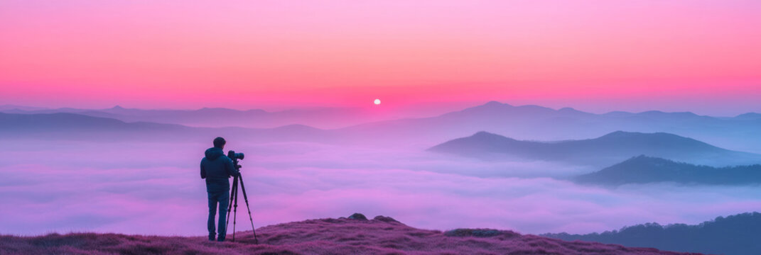 A peaceful scene of a photographer capturing landscapes during golden hour, with a professional camera on a tripod,