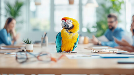 A Blue-and-gold Macaw sits on a table during a blurred office meeting