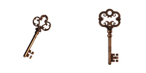 Ornate keys with intricate designs, glowing with magical aura