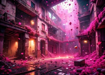 Obraz premium Urban decay meets vibrant celebration; pink confetti splashes across a gritty scene.