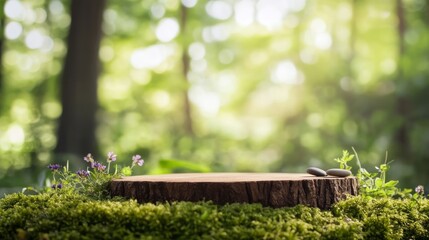 Serenity of a forest clearing with a wooden stump and stones surrounded by lush greenery and wildflowers