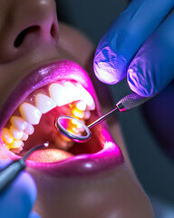 A dental professional examining a patientâ€™s teeth, with advanced dental tools and a bright clinical background,