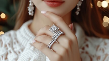 Woman's hand adorned with elegant diamond rings and earrings.
