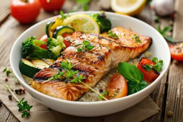 Healthy lunch bowl with grilled salmon  rice  and veggies.