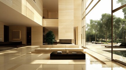 Spacious Modern Home Interior with Abundant Natural Light and Stone Walls