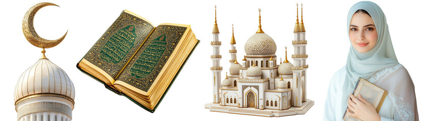 Fototapeta premium Symbols of Islamic Faith and Culture, png element set on transparent background 