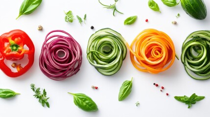 Spiralized fresh veggies elegantly displayed, highlighting their vivid hues and freshness in a farm-to-table concept.