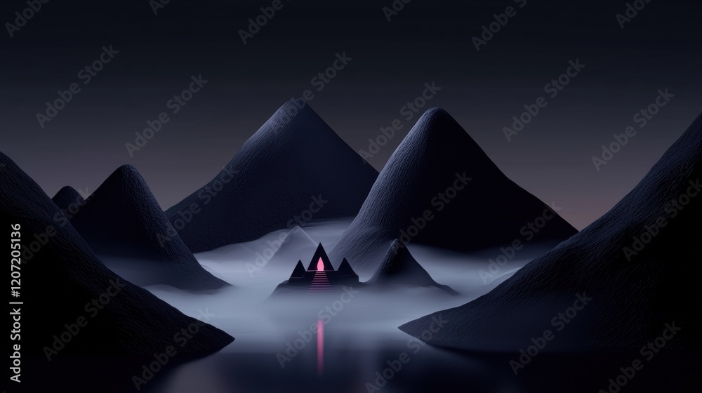 Canvas Prints a mountain range with a small house on top of it