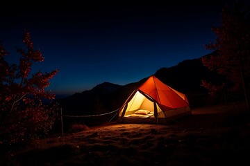 Camping tent in a mountain range at night with candle lit from inside traveling atmosphere