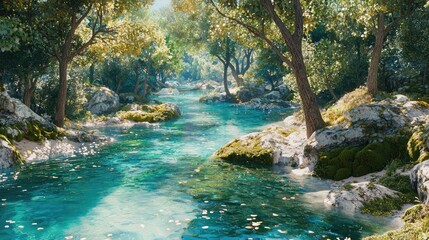 Naklejka premium A serene riverside scene featuring crystal-clear water, lush greenery, and sunlight filtering through the trees, creating a tranquil and picturesque environment.