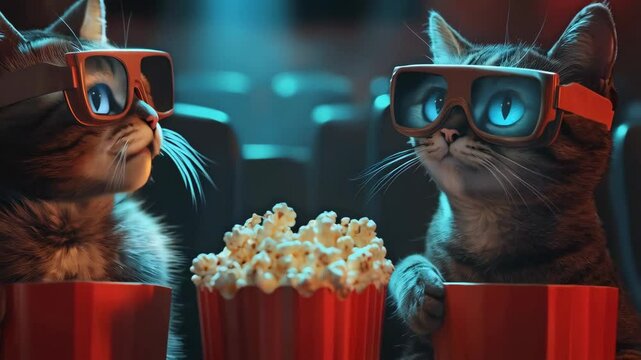 two cats wearing 3D glasses with popcorn in a movie theater. love and dating concept