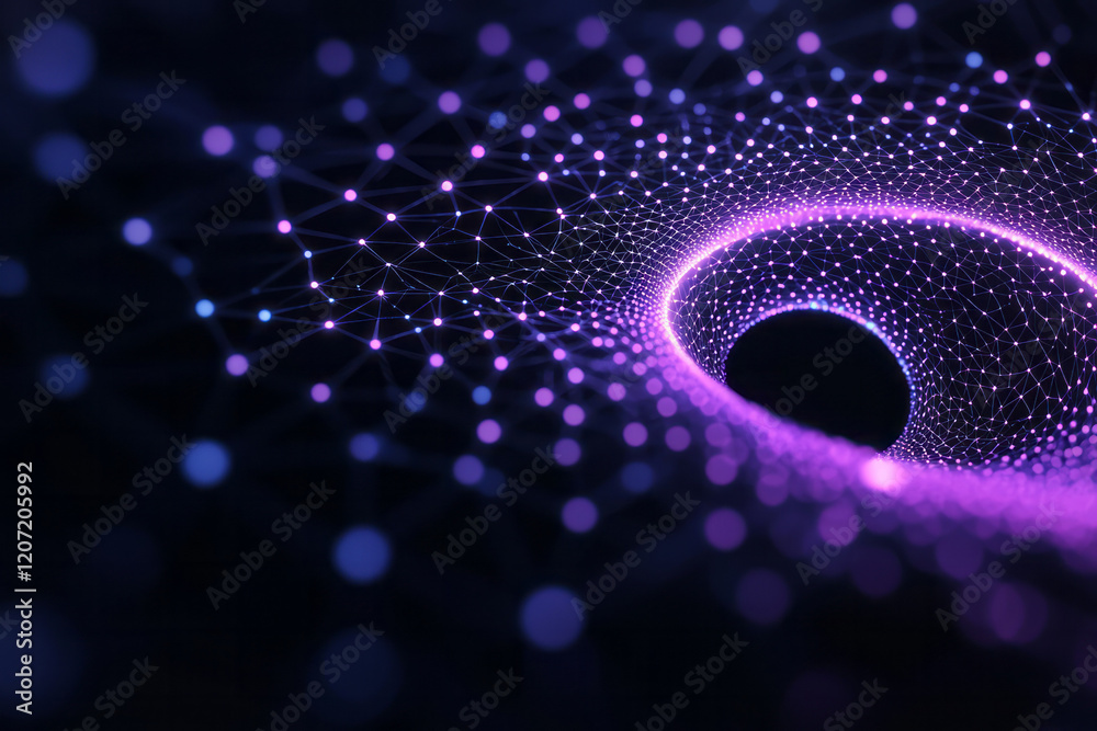 Poster a futuristic network visualization with interconnected glowing nodes and complex patterns on a dark 
