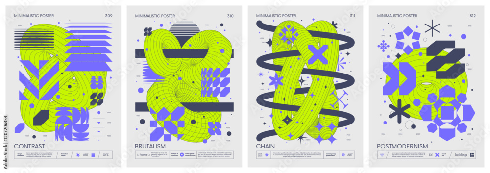 Poster brutalist style vector minimalistic posters with silhouette basic figures, retro futuristic graphic 
