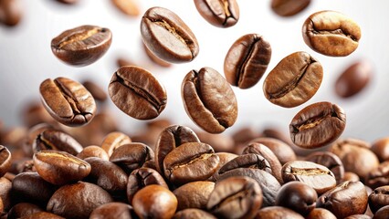 Obraz premium White background highlights the ethereal beauty of suspended coffee beans.