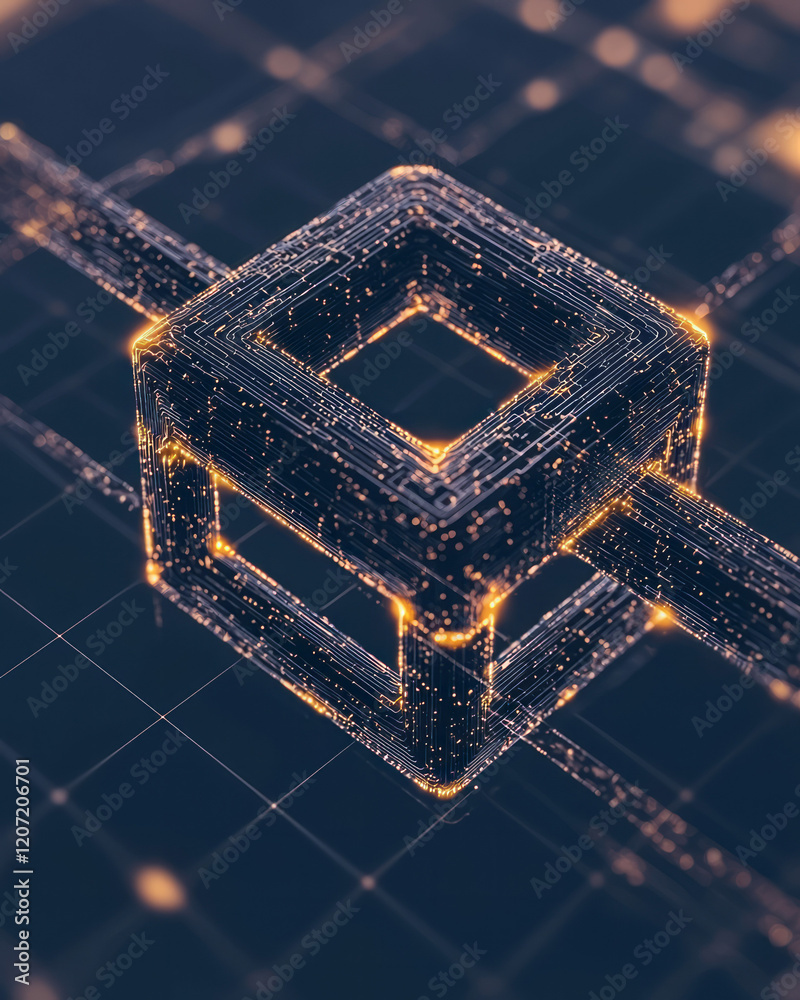 Poster a futuristic concept of a blockchain network, featuring a glowing lattice with intricate geometric p
