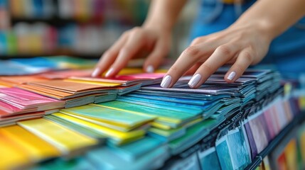 Obraz premium Woman's hands selecting colorful paper samples.