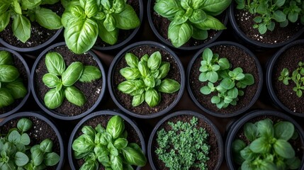 Professional overhead shot of a garden bed with neatly planted rows of various herbs, herb garden plants, fresh basil, rosemary, thyme, perfect for food, gardening and kitchen themes.