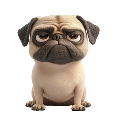 A cartoon dog with a grumpy expression. The dog is sitting on a white background. Grumpy style.