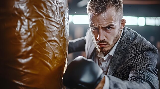 Determined Businessman in Blazer Intensely Punching Heavy Bag During Workout Session Showing Aggression Strength and Focus in Corporate Fitness Routine