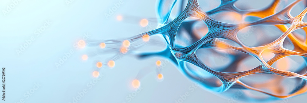 Poster a 3d abstract sphere composed of interlinked nodes and flowing patterns, glowing softly on a neutral