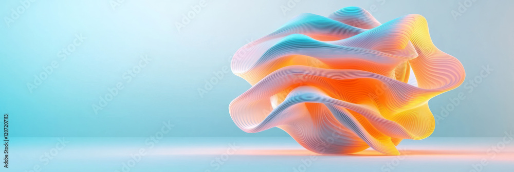 Poster a 3d abstract sphere composed of interlinked nodes and flowing patterns, glowing softly on a neutral