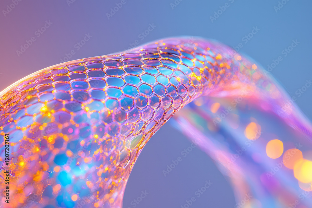 Poster a mesmerizing abstract glass network with intricate hexagonal patterns and vibrant light reflections