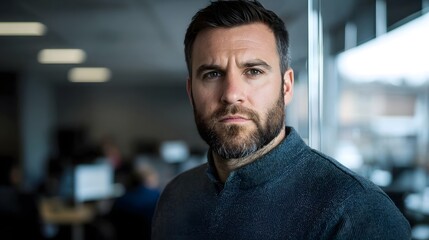 Obraz premium Bearded businessman in a modern office setting viewed through a transparent glass wall during what appears to be a business discussion or meeting with coworkers