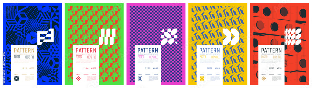 Poster Сollection patterns colorful trendy poster, abstract geometric composition graphic in Y2K aesthetics, vector simple shapes print artwork modernism and minimalistic brutal style A4 format set 2