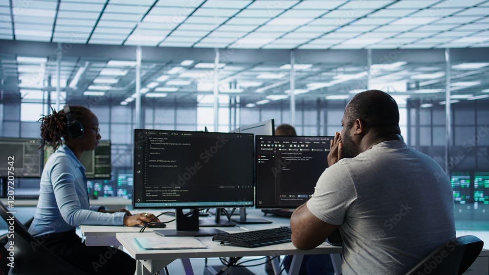 Poster sick it professional in server hub sneezing while shielding data from potential threats using pc. il