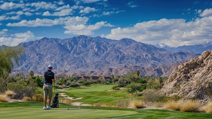 Obraz premium Male golfer taking a swing on a beautiful mountain course at a golf resort, his golf bag standing nearby. Perfect for golf enthusiasts and nature lovers.