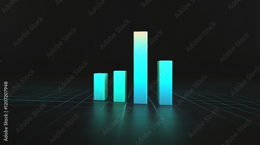 Aufkleber A vibrant D bar graph with gradient bars in shades of blue and green, positioned on a dark grid background with soft lighting adding depth and dimension