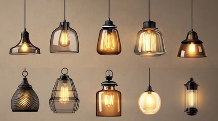 Obraz premium PNG hanging lamp design set featuring a range of modern and classic styles, presented on a transparent background.