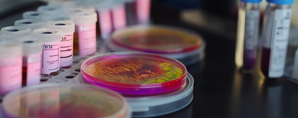 A close-up of petri dishes with vibrant bacterial cultures and labeled test tubes