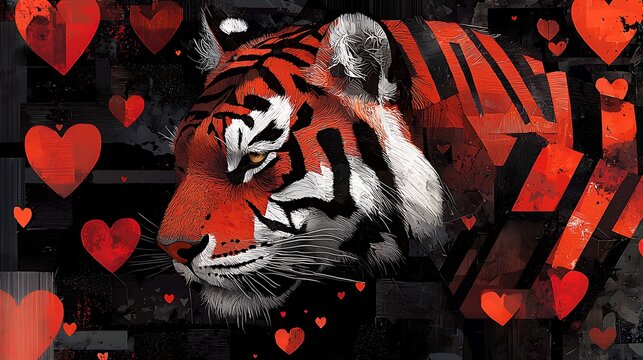 Red tiger portrait, hearts background, Valentine's Day, love, art