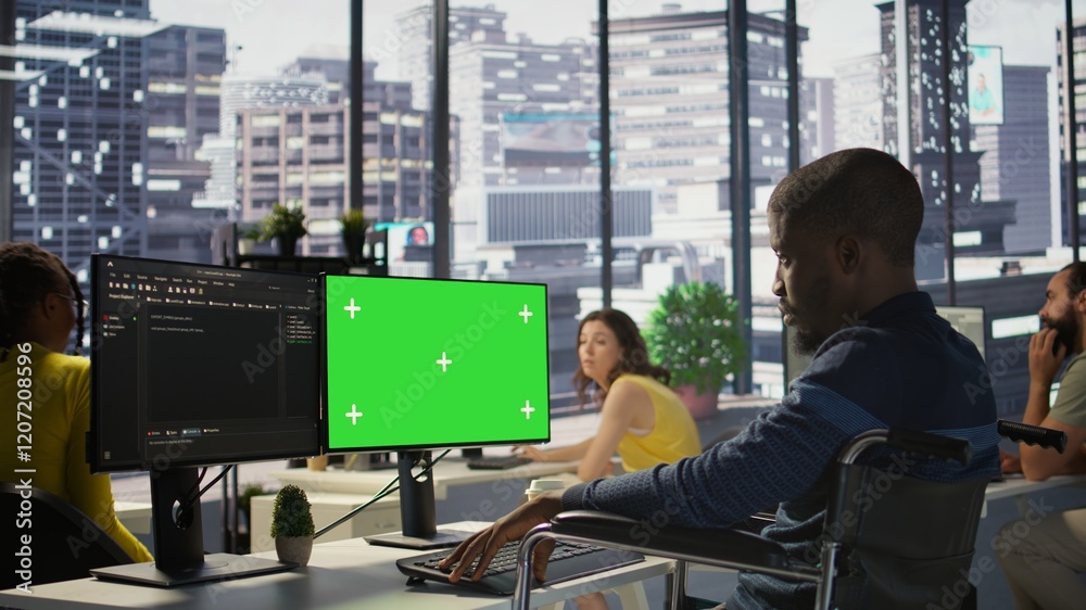 Poster person with disability testing and deploying programs and systems on green screen pc. software techn