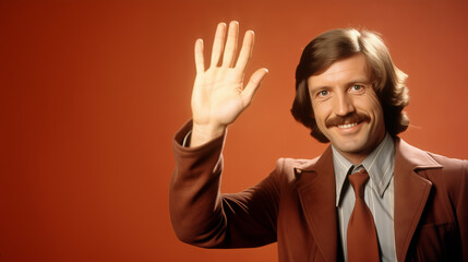 Friendly Man with Mustache and Retro Suit Smiling and Waving Against Warm Monochromatic Background