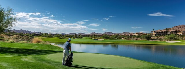 Naklejka premium Male golfer taking a swing on a beautiful mountain course at a golf resort, his golf bag standing nearby. Perfect for golf enthusiasts and nature lovers.