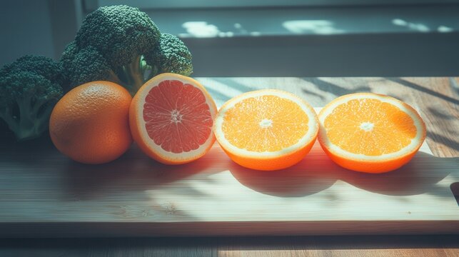 A vibrant cutting board showcases four bright oranges alongside a fresh, green broccoli, inviting culinary creativity and healthy eating.