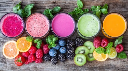 A vibrant display of colorful fruits and refreshing juices fills the cups, inviting a tantalizing taste of nature's sweetness and zest.