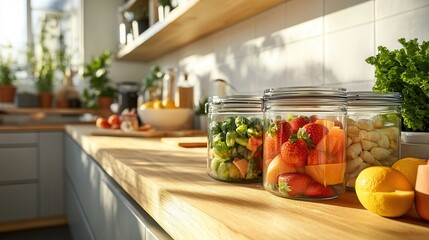 A colorful array of jars filled with vibrant fruits and crisp vegetables sits invitingly on a kitchen counter, showcasing nature's bounty in every glass container.
