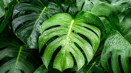 Fototapeta premium Water droplets on green tropical leaf